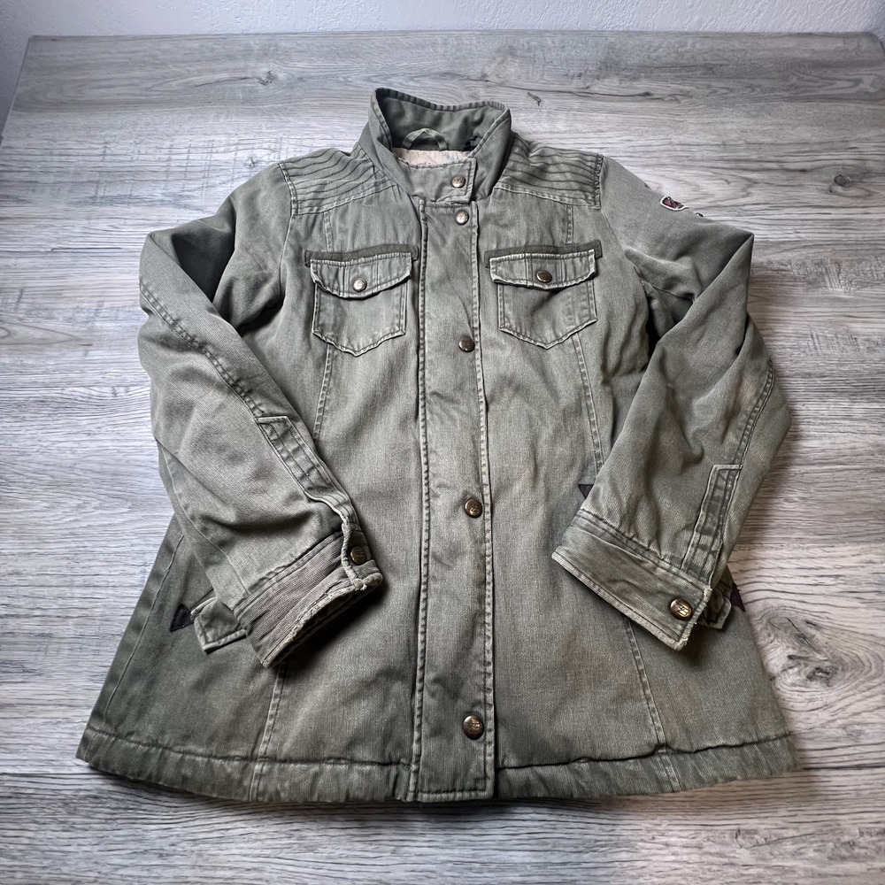 Buffalo‎ David Bitton Field Jacket Women M Green Military Utility Cargo Distress